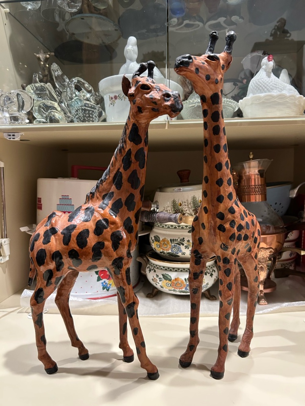 2 Vintage Leather Wrapped Giraffe Large 17" Tall